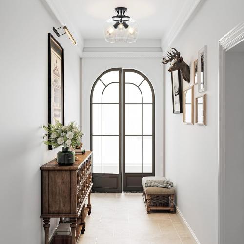 VONLUCE Semi Flush Mount Ceiling Light, 13.8 Ceiling Light Fixture with Clear Glass Shade, E26 Base, 3-Bulb Industrial Lighting Fixture for Hallway Entryway Bedroom, Matte Black, ETL Certificated