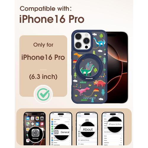 for iPhone 16pro Case - Compatible with MagSafe for Women Girls Bulit-in 360° Rotatable Magnetic Ring Holder Kickstand Cute Aesthetic Dinosaur Design for Apple 16pro