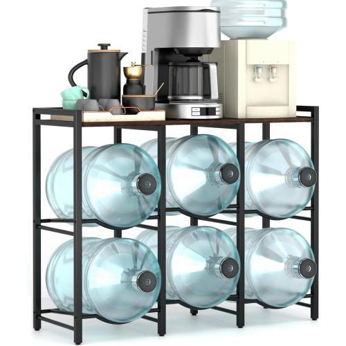 5 Gallon Water Jug Holder for 6 Bottles With Rustic Brown Wood Top Shelf - Heavy Duty Dispenser Stand for Home Kitchen/Office/Living Room