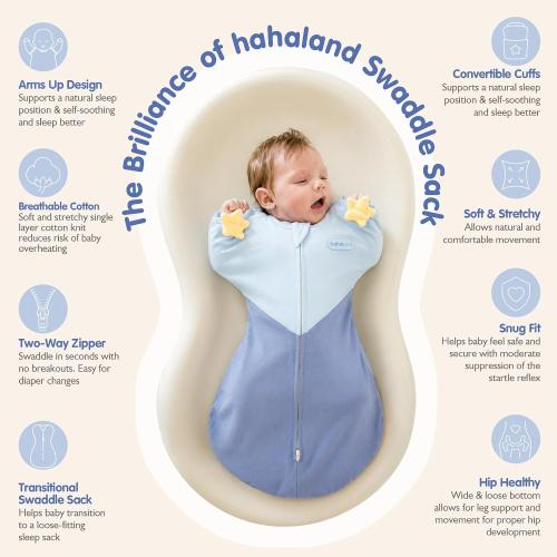 hahaland Sleep Sack, Arms-Up Swaddle, Blue, Newborns 5-8.5 lbs