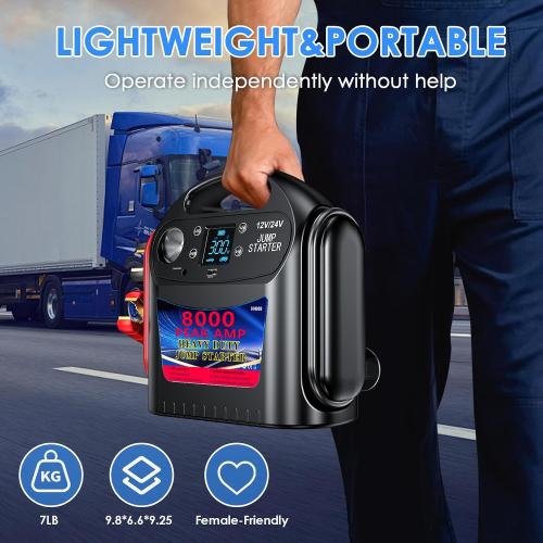 8000A 12V/24V Jump Starter for Large Gas & Diesel Engines, Heavy-Duty Portable Battery Booster Pack for Trucks, RVs & Commercial Vehicles with Force Start, Digital Display, LED Light & USB Charging