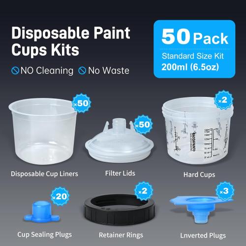 Disposable Paint Cups for Spray Gun, Paint System for HVLP and LVLP Paint Spray Paint Gun, 6.5 Ounce (200ml) Kit with 50 Cups and Lids System, 2 Hard Cups with Retainer Ring, 20 Plugs, 3 Mixing Sticks