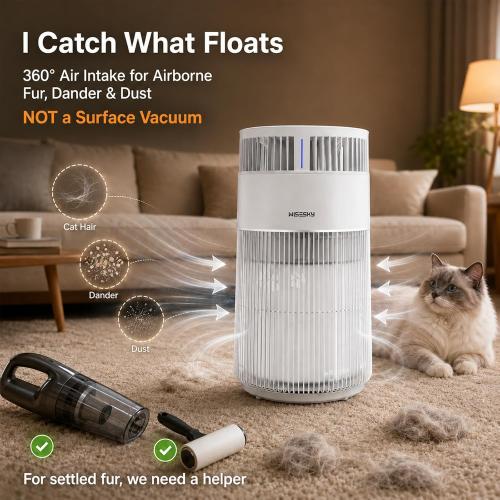 WISESKY Cat Air Purifier with Bite-Resistant Cord & Wide Grille and Tip-Over Protection | Air Purifier for Home with 360° Air Intake for Pet Hair | APP Control | Covers Up to 1644 Sq.Ft