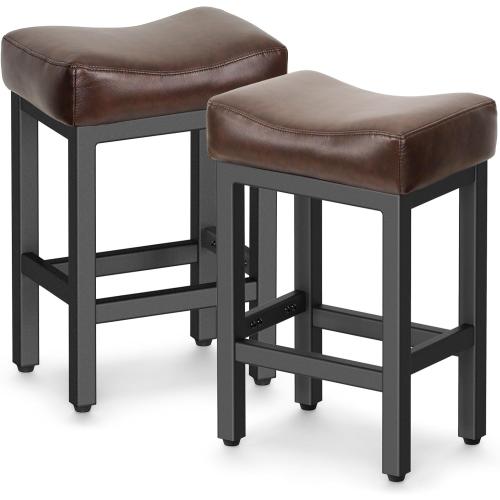 Raynesys Counter Height Bar Stools Set of 2, 24 Inch Barstools for Kitchen Island Counter, Bonded Leather Kitchen Stools with Thick Saddle Seats & Heavy Duty Metal Base, Easy Assembly, Brown/Black