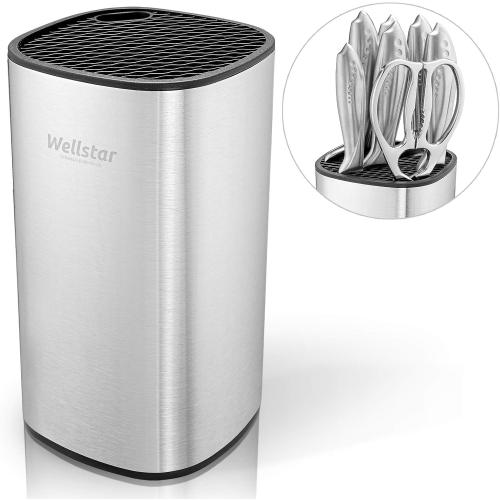 WELLSTAR Universal Knife Block Holder, Stainless Steel Knife Stand Without Knives, Safe Space Saver Large Volume Stable Knife Storage with Scissors Slot, Detachable for Easy Cleaning - Square