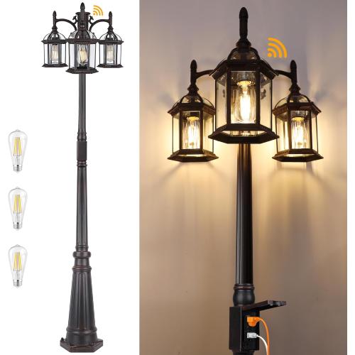Dusk Dawn Bronze Outdoor Lamp Post Light with GFCI Outlet, Triple Head Aluminum Street Light Post for Outside with Sensor, Waterproof Birdcage Pole Lighting Fixture for Backyard Garden Patio Driveway