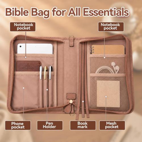 PU Leather Bible Cover, Men & Women, Cross Design & Pockets, Brown