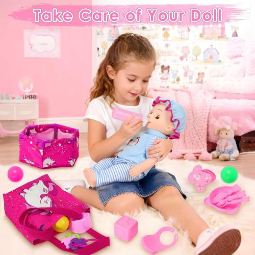 Baby Doll Stroller Toys Set, 17 PCS Baby Doll Accessories Stroller Toys with Baby Dolls,2 Sets Doll Clothes, Playpen, Handbag, Feeding Nursery Pretend Play Gifts for Girls Toddlers 3 4 5