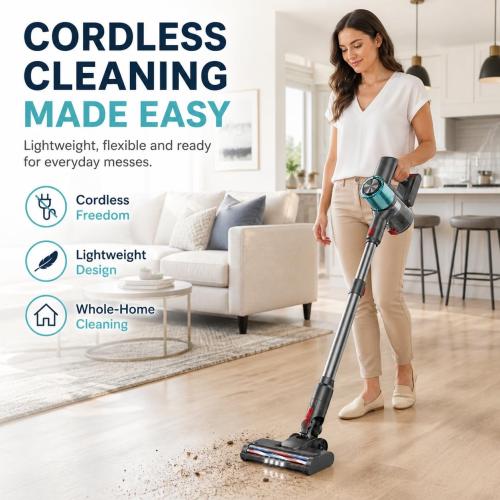 Cordless Vacuum Cleaner, Stick Vacuum for Pet Hair & Hardwood Floor, Self-Standing Rechargeable Vacuum with Smart LED Display, Lightweight Battery Powered Vacuum for Home, Dorm, & Dog Hair