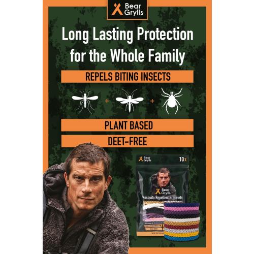 Bear Grylls Mosquito Repellent Bracelets | Crafted for Adventure | Adjustable Leather | DEET-Free | Long-Lasting Protection | Pack of 10