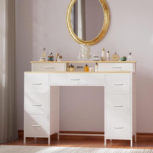 VASICAR Dresser for Bedroom with 9 Drawers & 2 Open Shelves, Fabric Storage Cabinet, Chest of Drawers, Long Dresser for Closet, Wooden Top & Metal Frame, Classic White