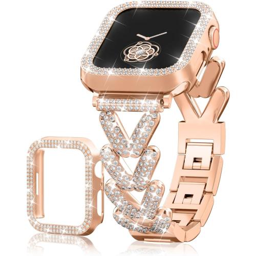 Rhinestones Encrusted Metal Bracelet and Case, Compatible with Apple Watch Bands 38mm-49mm (Series 10/1/SE/Ultra 2)- Bling Gold Women's Jewelry Strap, Luxury iWatch Bracelet with Screen Protector