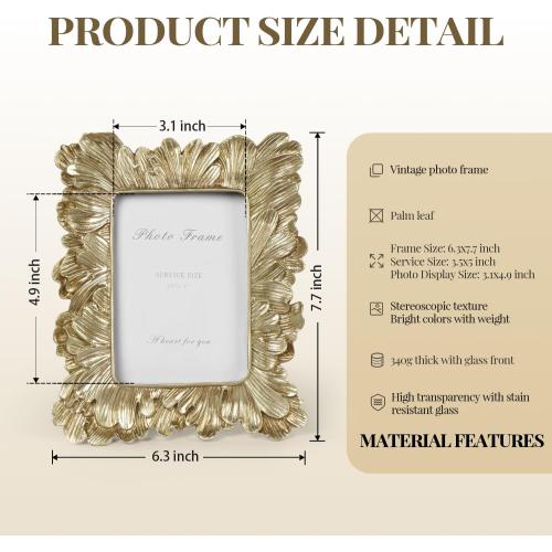Cuspin Small Gold Picture Frame 3x5 Frames, Vintage Gold Palm Leaves Textured Hand-Crafted Resin with Glass Front Elegant Retro Vintage Design Photo Frame for Wall and Tabletop Display Home Decor