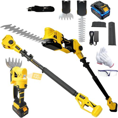 4-in-1 Pole Hedge Trimmer & Grass Shear, 16FT Reach, Electric Bush Trimmer with Extension Pole, Cordless Shrub Trimmer with 180° Adjustable Angle, Brushless Motor, LCD Display, 4.0Ah Battery