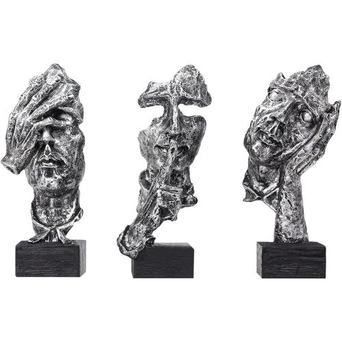 aboxoo Large Size 3 Pcs Thinker Statue, Silence is Gold, See No Evil Hear No Evil Speak No Evil Statues, Modern Resin Sculptures Decor for Living Room, Home, Office Study (Silver)