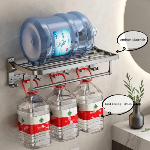 Bathroom Towel Rack with Towel Bar and Hooks 23.6 in Foldable Towel Shelf Wall Mounted Lavatory Towel Organizer Modern Gray Finish