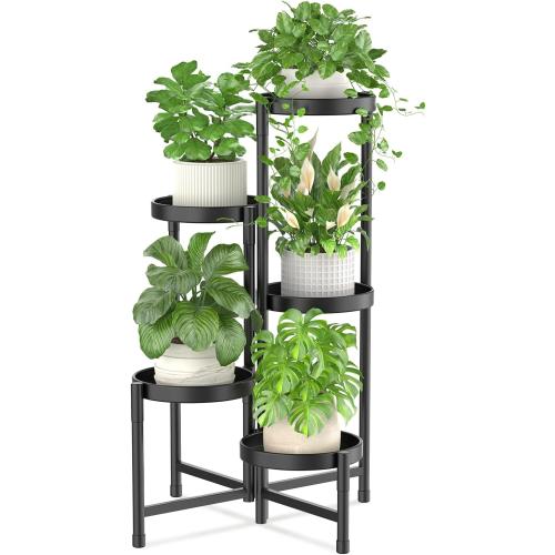 iDavosic.ly Plant Stand Indoor Outdoor, 5 Tier Corner Metal Flower Display Holder Shelf, Easy Assembly Folding Tall Orchid Rack for Patio Balcony Porch Garden Living Room House, Black