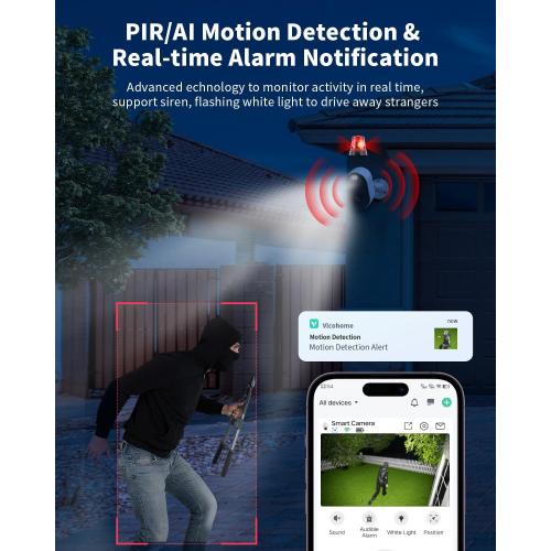 Security Cameras Wireless Outdoor, Battery Powered 2k Color Night Vision, AI Motion Detection Spotlight Siren, IP66 Weatherproof, 2-Way Talk, SD/Cloud Storage, 2.4Ghz WiFi Cameras for Home Security