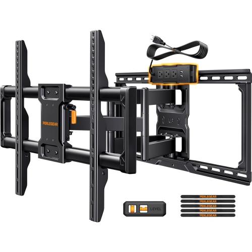 Perlegear Full Motion TV Wall Mount with Power Strip for 42–90 Inch TVs | TV Mount up to 150lbs, Pre-Assembled, USB charging, Smooth Swivel, Tilt, Extension, VESA 600x400mm, 12/16/24 Wood Studs