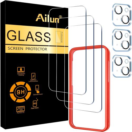 Ailun 3 Pack Screen Protector for iPhone 15 [6.1 inch]   3 Pack Camera Lens Protector with Installation Frame,Case Friendly Tempered Glass Film,[9H Hardness] - HD