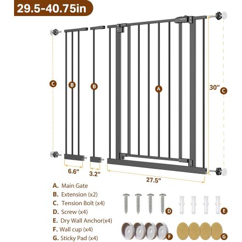 InnoTruth 29.5–40.75 Baby Gate for Stairs, 30 Tall Dog Gates for Doorways & Hallways, Safety Gate for Kids & Pets, Pressure-Mounted Walk-Through with Dual Lock & 2-Way Swing, Black