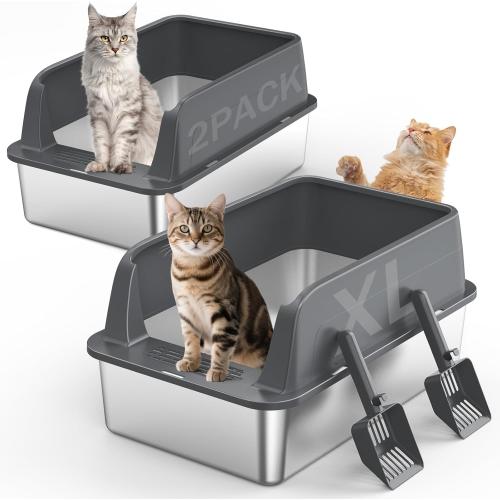 Size XL 2PACK Stainless Steel Litter Box, Extra Large Litter Boxes for Big Cats, XL Metal Cat Litter Box with Lid High Sides, Anti-Urine Leakage, Non-Sticky, Scoop Included