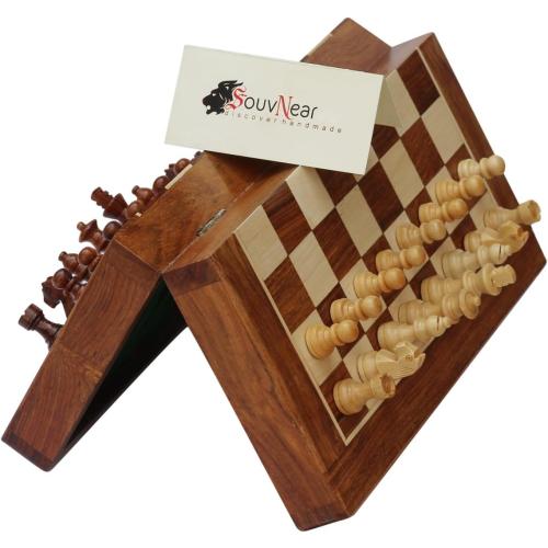 10.5 Wood Chess Set - Handmade Premium Magnetic Folding Chess Board - Wooden Travel Staunton Chess Game with Built in Storage