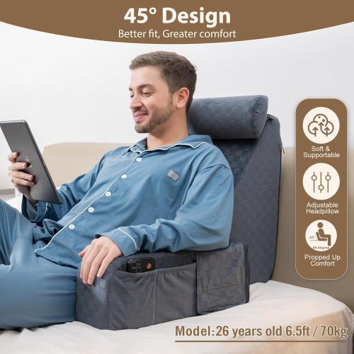 Vekkia Large Reading Pillow with Adjustable Arms & Headrest – Wide Backrest Cushion for Adults with Extra-Large Pockets for Reading, TV, Gaming & Work, Recovery on Bed & Floor, 21(Grace Grey)