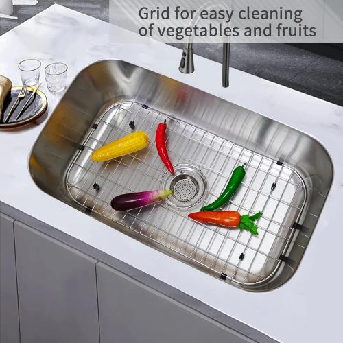 Kitchen Sink Grid 26-1/8x14-1/4 - Heavy Duty Kitchen Sink Protector with Built-in Strainer & Center Drain, Non-Slip Rubber Feet & Scratch Resistant Bottom Guard