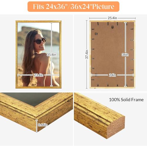 Wood 24x36 Poster Frame Gold, Ornate Natural 36x24in Picture Photo Frame, Modern Golden 24 x 36inch Gallery Wall Frame with HD Plexiglass, Horizontal Vertical Wall Mounting Display 1pcs