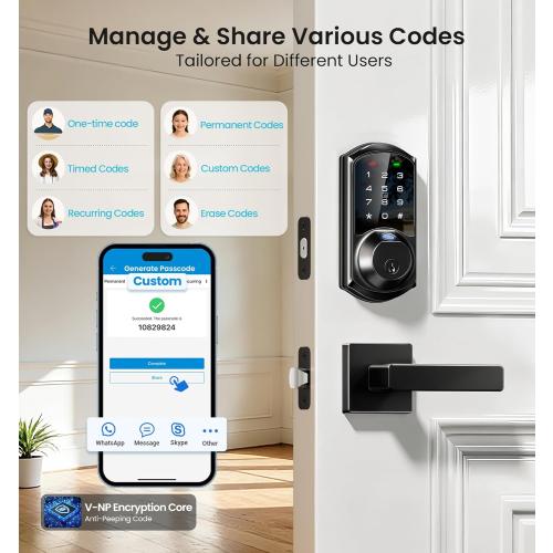 Veise VE07-L Fingerprint App Control Smart Locks with Heavy-Duty Zinc Alloy Handles, Keyless Entry for Front Door, Digital Electronic Touchscreen, Auto Lock, Waterproof, Easy Install, Matte Black