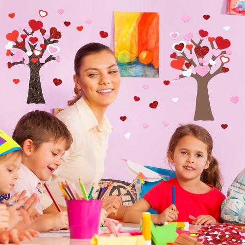 224 Pcs Heart Stickers Valentines Craft Kit Red Pink Foam Heart Shaped Tree Glitter Self Adhesive Stickers Valentines Classroom Gifts for Art Family Activity