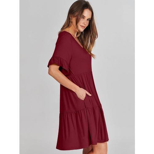 Size M ANRABESS Dresses for Women Summer 2026 V Neck Ruffle Sleeve A Line Tiered Flowy Casual Trendy Mini Beach Dress with Pockets