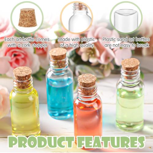 Set of  50 Packs 1 oz Plastic Sand Art Bottles with Cork Stoppers Mini Vial Potion Bottles Perfume Cork Jar with 10 Mini Funnels for Filling Jar for DIY Craft, Essential Oil, Message, Party Favor