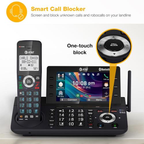 AT&T 4-Handset DECT 6.0 Cordless Home and Business Phone with Answering Machine, 5 Color Display, One-Touch Shortcut, Conference, Intercom, Smart Call Blocker, Bluetooth Connect to Cell: DLP73490