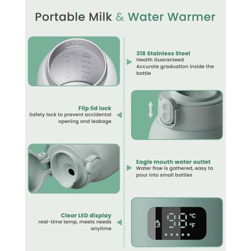 Portable Bottle Warmer Extended Battery Life - Dual Heating Modes for Breast Milk & Water, 17 Ounces, Fast Heating, Ideal for Travel, Outdoor, Baby Shower, Green