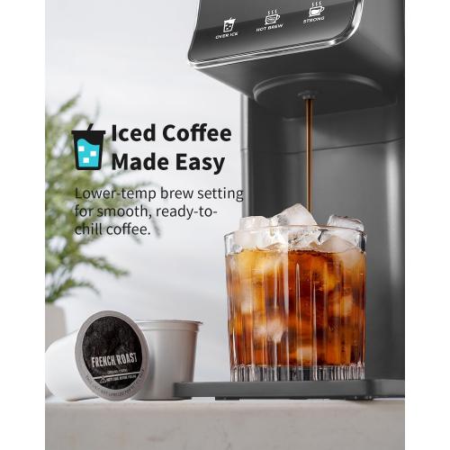 Hot & Iced Coffee Maker, K Cup Coffee Maker Compatible with Ground Coffee, Single-Serve Brewer with Bold Setting, Reusable Filter, Travel Mug Friendly, Compact & Quick Brew, Grey