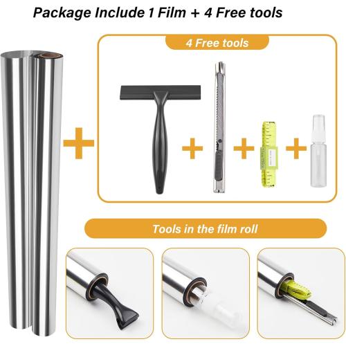 29.5 x 78.7 inch Kromapolis One Way Window Privacy Film Reflective Mirror Home Window Tint, Daytime Privacy Heat Control Anti UV Glass Tinting Static Cling (Silver, 29.5 x 78.7 inch)