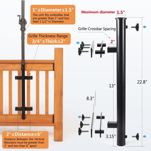Black 304 Stainless Steel Patio Umbrella Holder, Heavy-Duty Umbrella Deck Mount, for Outdoor Umbrella Holder for Deck Railing,Grille Deck Umbrella Mount (Grille, Black)