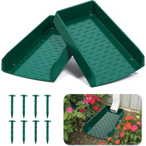 2 Pack Green Rain Gutter Downspout Splash Block, Extra-Wide Down Spout Extender, One-Piece Molding Design, Drain Gutter Guard Diverter, Thickened Gutter Splash Guard with Fixing Piles, Green