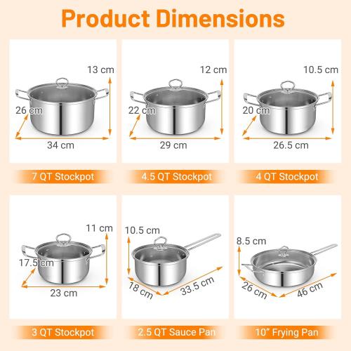 GOFLAME 12 Piece Pots & Pans Set, Stainless Steel Cookware Set with Tempered Glass Lids, Handles & 3-Ply Base, 4 Stockpots, 1 Frying Pan & 1 Sauce Pan for Stovetop, Induction, Halogen