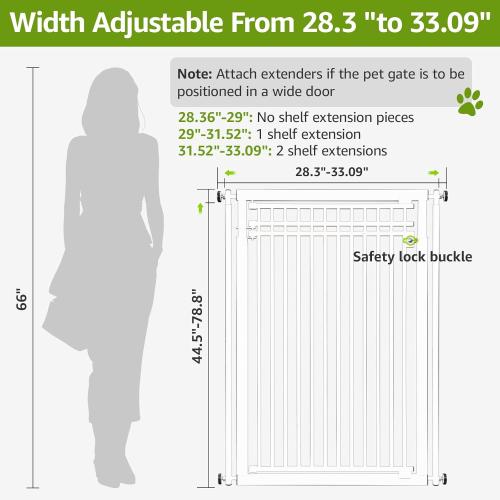 78.8 Extra Tall Cat Gate, 28.3-33 Wide Safety Metal Cat Door, Pressure Mounted Easy Walk Through Pet Gate with Door for Stairs, Doorways, Kitchen (White)