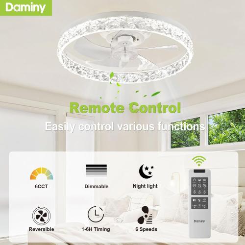 DAMINY 20inch White Ceiling Fans with Lights and Remote, 6CCT, Dimmable Smart Low Profile Ceiling Fan with Light, 6 Speeds Flush Mount Modern Bladeless Ceiling Fan for Bedroom