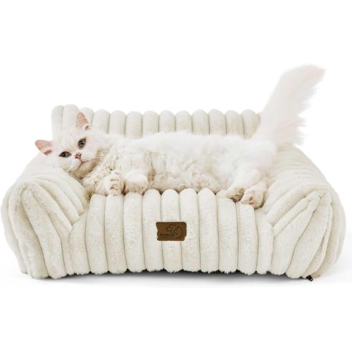 Bedsure Cute Cat Couch for Pets - Fluffy Cat beds with Premium Soft Corduroy Fleece, Fuzzy Cats beds for Indoor Cats with Removable Washable Cover, Supportive Pet Sofa, Cream