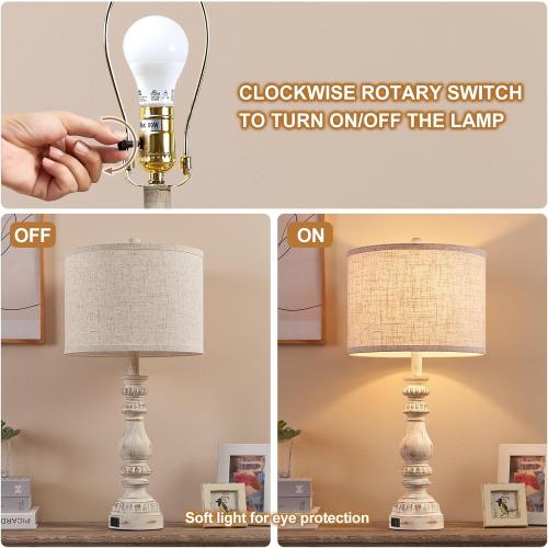 Farmhouse Bedside Lamps Set of 2 Bedroom Lamps for Nightstand with USB A C Ports, 28” Rustic Vintage Table Lamps for Living Room with Rotary Switch - Bulb Not Included