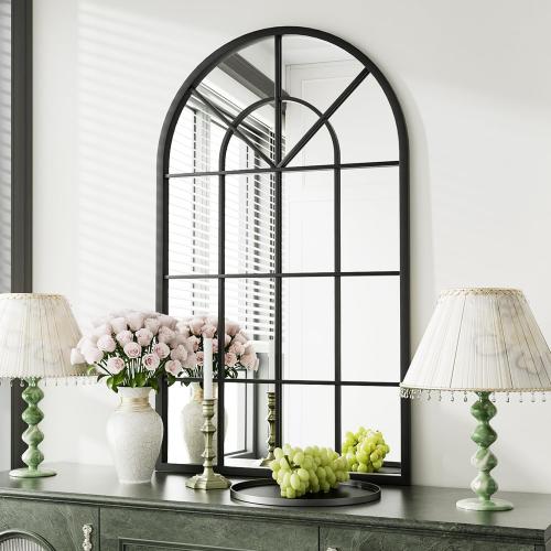 TinyTimes Arched Window Wall Mounted Mirror, 24x42, Arched Window Pane Mirror Decorative for Entryway, Wall Decor Mirror for Bathroom Vanity, Living Room or Bedroom, Iron Frame, Black