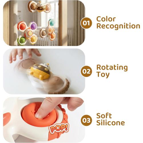 ALASOU 3PCS Pop Suction Cup Spinner Sensory Airplane Travel Toys for 1 Year Old Boy Girl Infant Toddlers|Novelty Spinning Tops 12 18 Months|1 2 Year Old Boy Birthday Gift|Baby Bath Toy Kids Ages 1-3