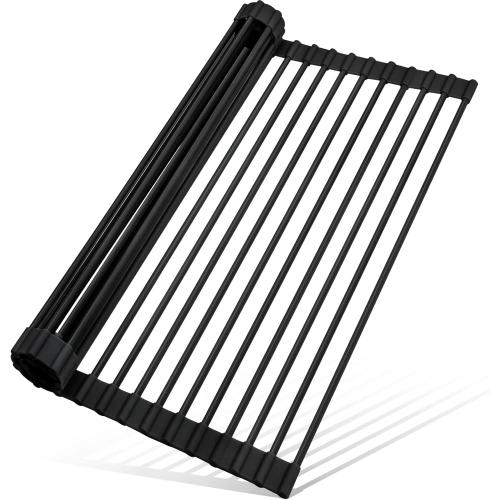 MERRYBOX 20.5 x 13 Roll Up Dish Drying Rack Silicone Wrapped Over The Sink Dish Drying Rack Multipurpose Foldable Sink Drying Mat, Heat-Resistant & Anti-Rust Dish Rack for Kitchen Sink, Large, Black