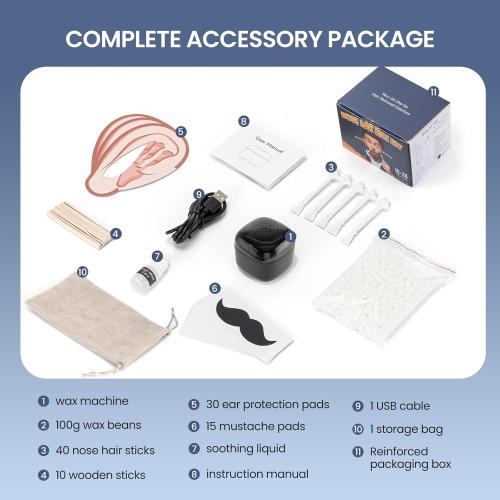 Nose Wax Kit Men, Nose Ear Hair Waxing Kit with 100g Wax, 40 Sticks, Nose Ear Hair Removal Kit, USB Fast Heat, Smart Constant Temp, Upgraded Size, Multi-Accessories, Black