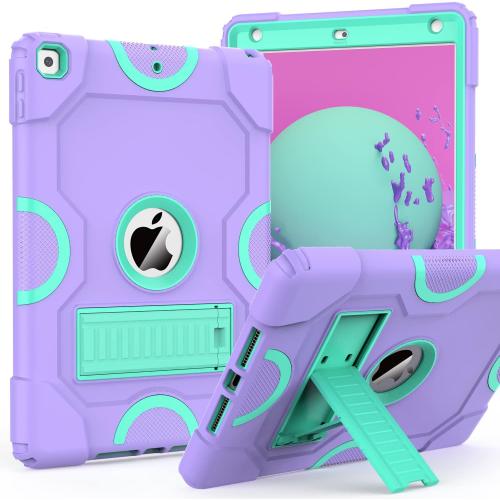 for iPad 9th Generation Case, iPad 8th 7th Generation Case, iPad 10.2 Inch 2021/2020/2019 Case, Heavy Duty Rugged Shockproof Protective Cover with Kickstand Purple/Green